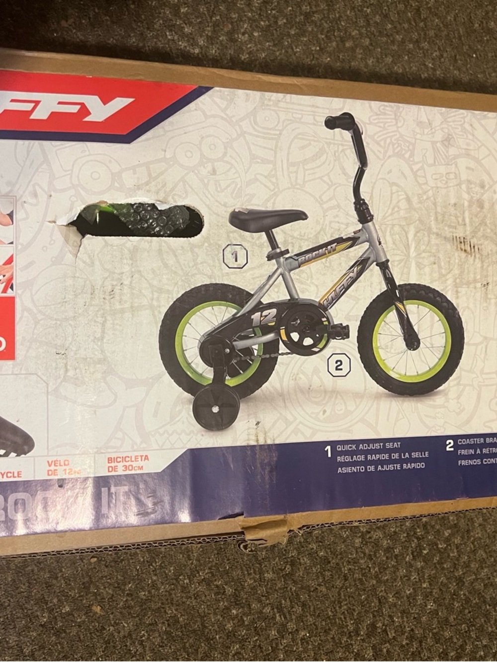 HUF Kids Training Bicycle in Gray and Lime Green with Stabilizers